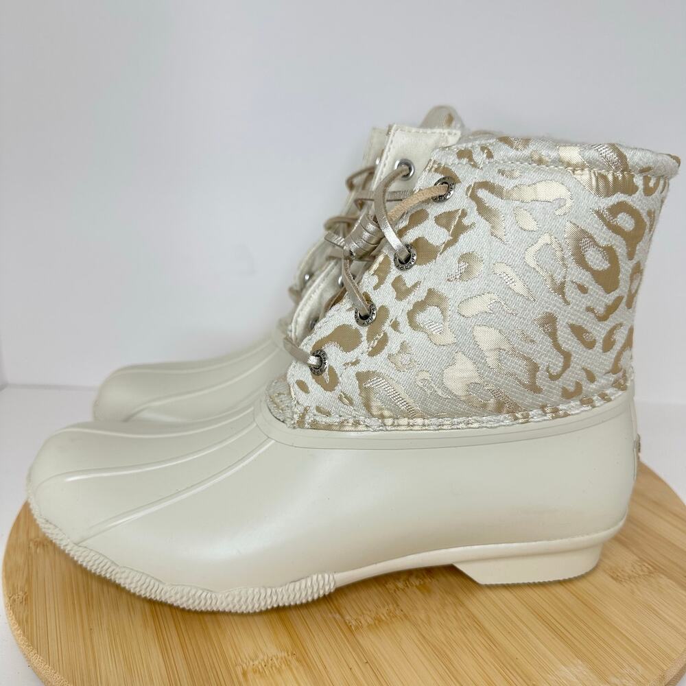 Sperry Top Sider Saltwater Ivory Leopard Duck Boots Snow Rain Waterproof Size 8 - Picture 3 of 7